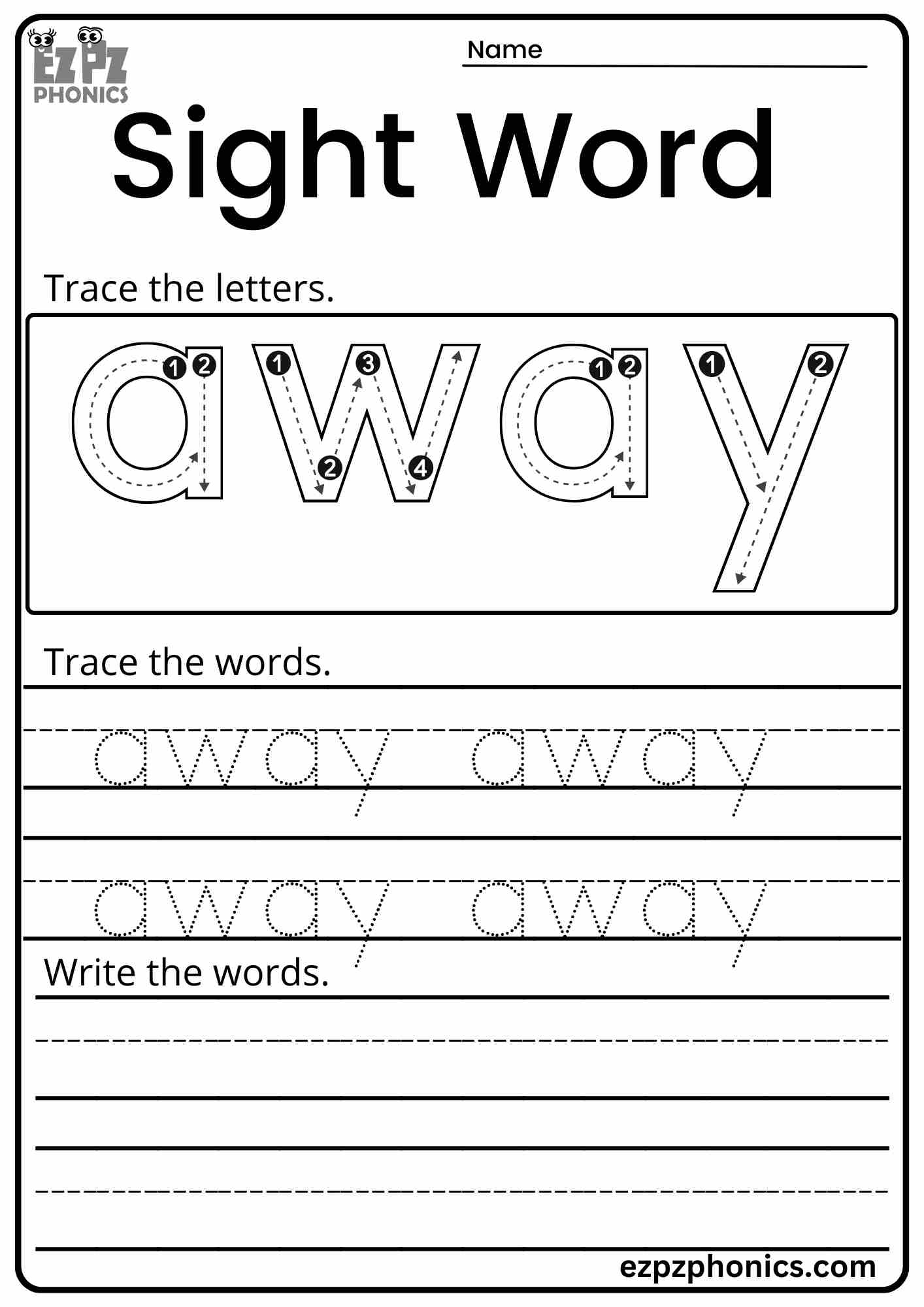 Dolch Sight Word "Away" Activity for Early Learners PDF Download